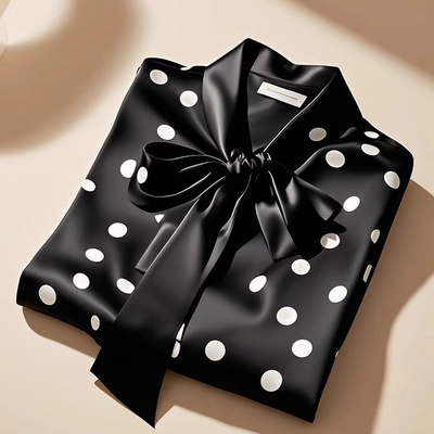 今年流行独特时尚洋气上衣轻奢高级感黑色系带波点缎面衬衫外套女