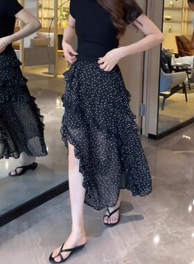 波点不规则拼接半身裙女2025夏季新款松紧腰显瘦黑色开叉中长裙子
