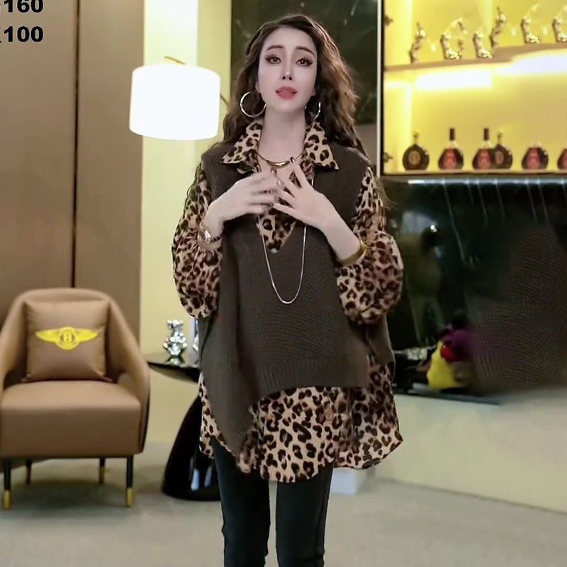 2025春季新款韩版复古洋气大码豹纹衬衫女宽松慵懒感打底衫富婆衫