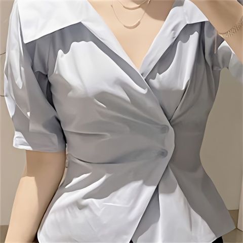韩系chic夏季法式气质翻领不规则斜扣收腰显瘦纯色泡泡袖衬衫上衣