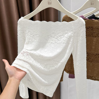 白色蕾丝一字肩打底衫女高级感提花气质内搭可外穿女人味性感上衣
