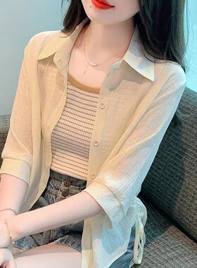 薄款防晒衣女外穿超仙外搭开衫夏季短款小个子褶皱雪纺衬衫上衣服