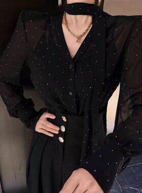 满钻乔其纱黑色小众法式气质高级宽松大版显瘦百搭长袖防晒衬衫女