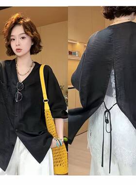 法式后开叉蕾丝拼接短袖衬衫女春夏季设计感宽松显瘦薄款防晒上衣