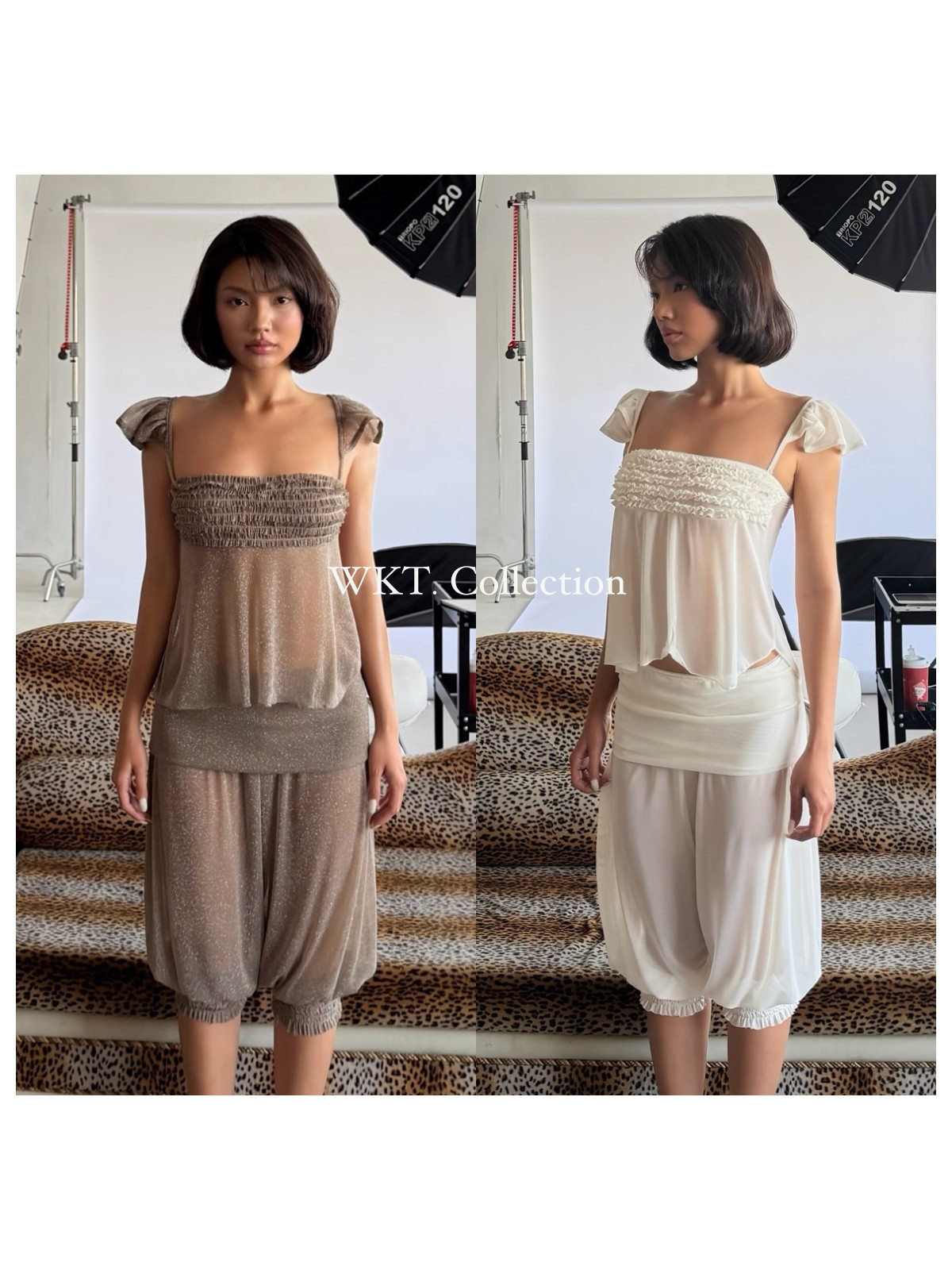 thumbnail for WKT Buyer Store Authentic POWR Light Mature Style Chest Pleated Design Subtle Glitter Sheer Top Lantern Pants