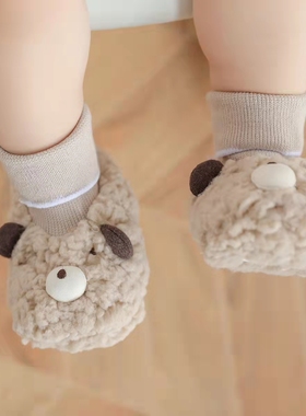 婴儿鞋袜秋冬季加厚加绒保暖新生儿袜子可爱超萌宝宝地板袜不掉脚