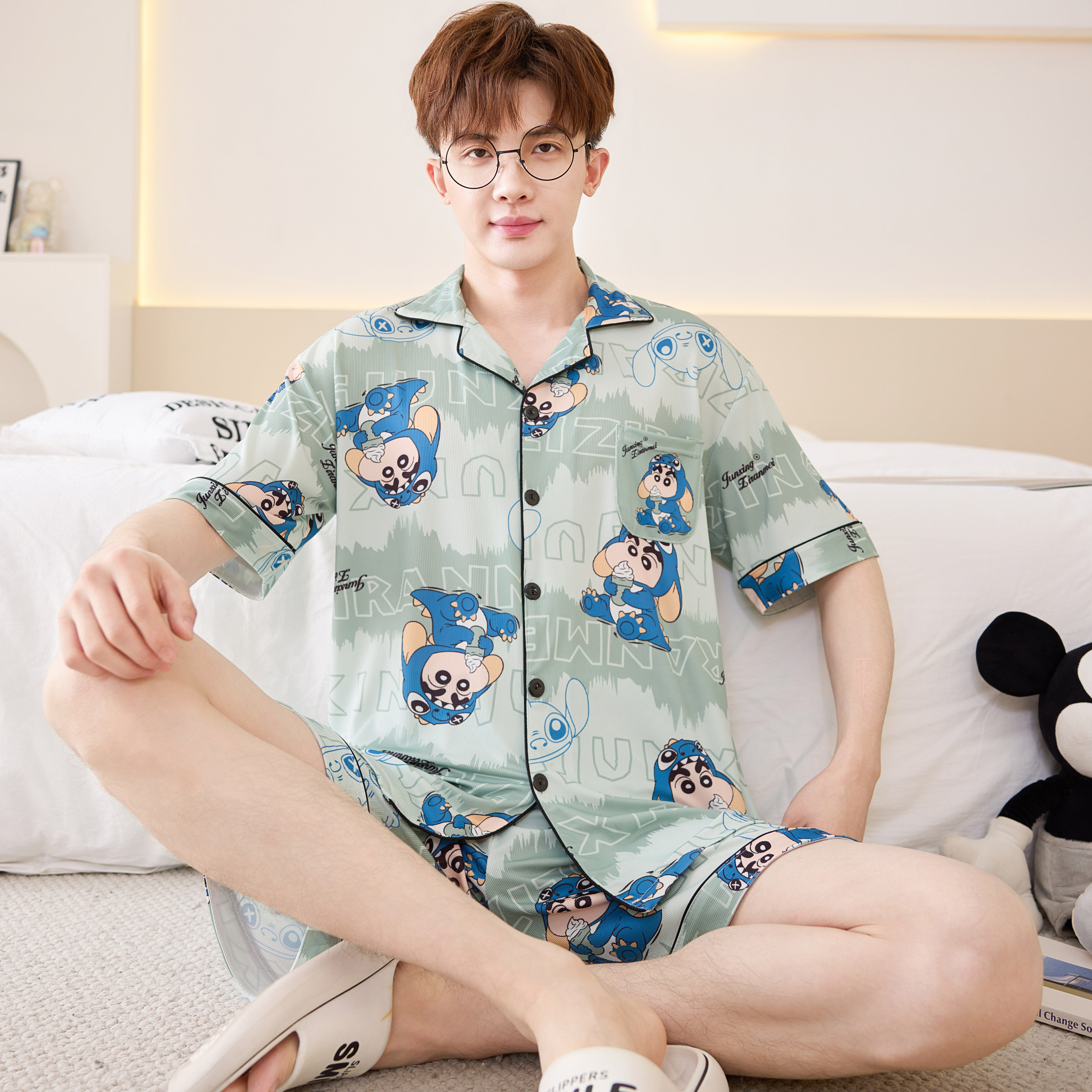 夏季凉感冰丝男士睡衣卡通加大码薄款青少年可外穿家居服套装新款