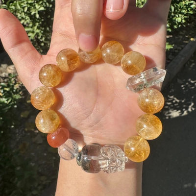 招财守财｜14.5mm高品浓色黄阿塞 绿幽灵貔貅 南红白水经文珠手串