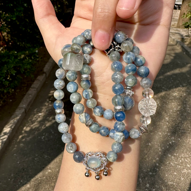 智慧通达｜8mm油画蓝晶石 海蓝宝福锁 绿幽灵 三圈手串项链两用款