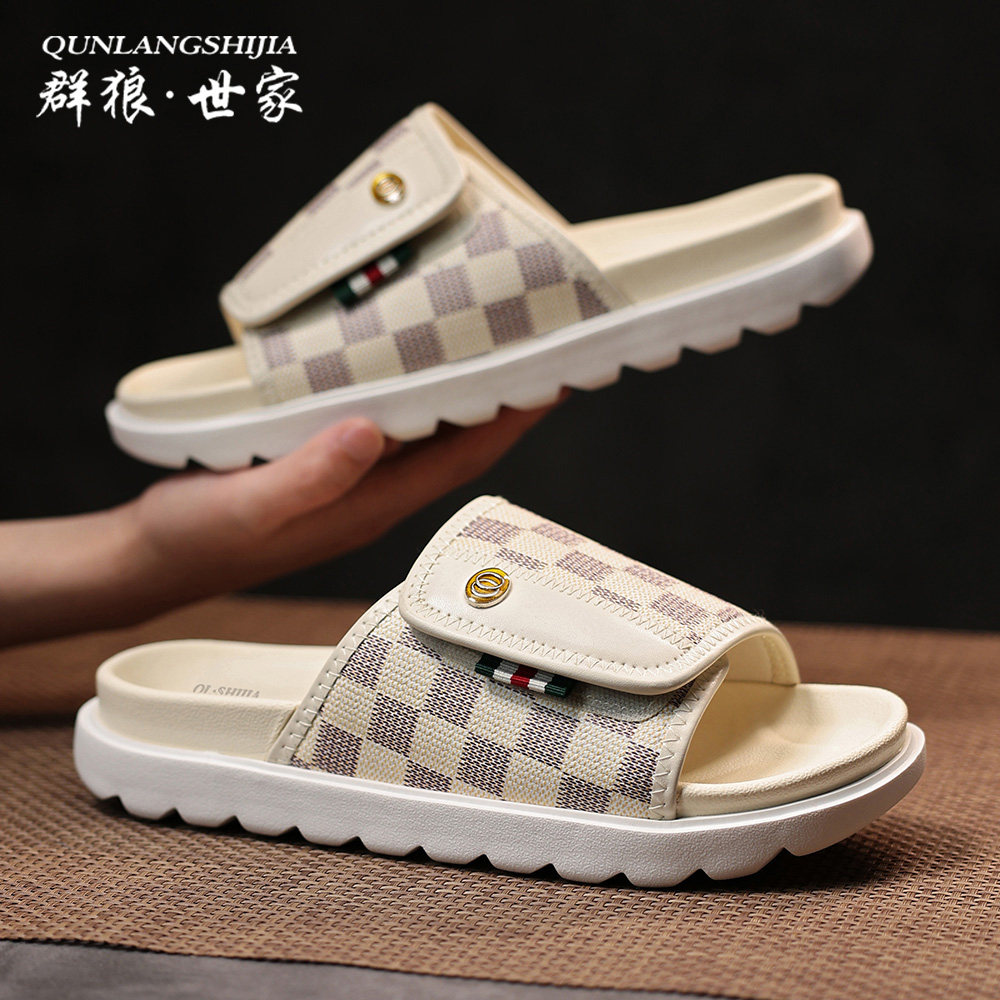 群狼世家一字拖男士夏季高级感格子防滑休闲潮流夏天外穿凉拖鞋