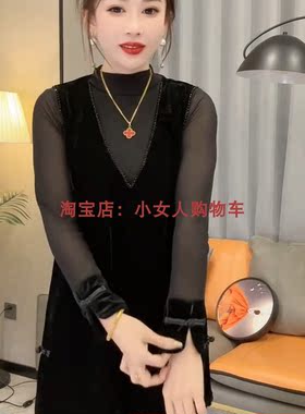 休闲气质纯色丝绒中长裙