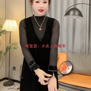 盘扣纯色钉珠V领中长丝绒马甲裙春季新款百搭气质中年减龄连衣裙