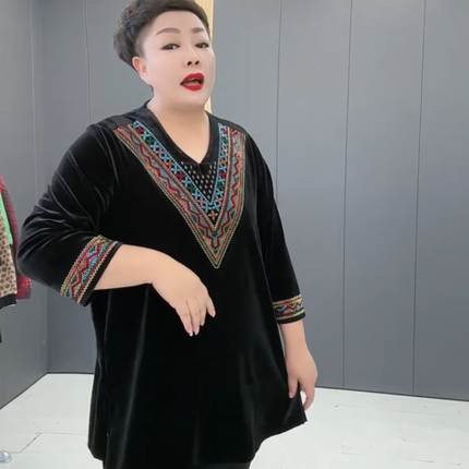 中长款V领九分袖烫钻金丝绒打底衫2024秋季新款百搭洋气休闲女装