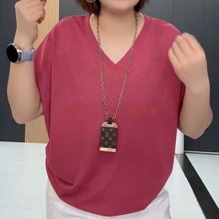 春夏新款 韩版 T恤衫 V领短袖 休闲遮肚气质上衣女 纯色简约风加肥大码