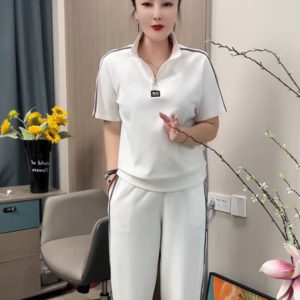 时尚休闲中年妈妈套装女夏季新款半拉链短袖t恤减龄百搭两件套