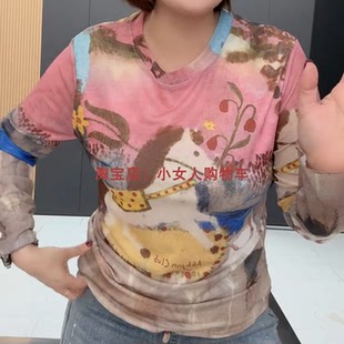 春季新款百搭圆领长袖印花防晒T恤衫时尚气质百搭中年大码上衣女