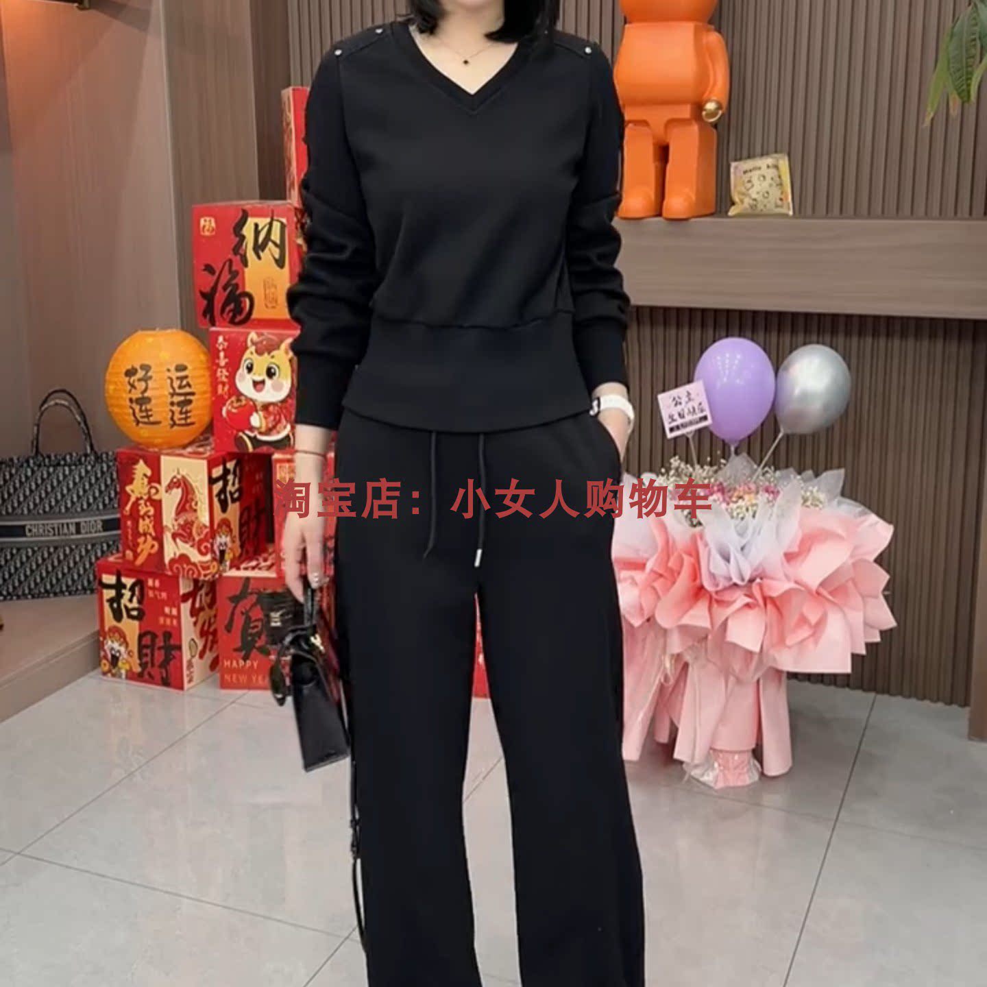 春季新款V领收腰遮肚休闲运动两件套纯色百搭上衣时尚直筒裤套装