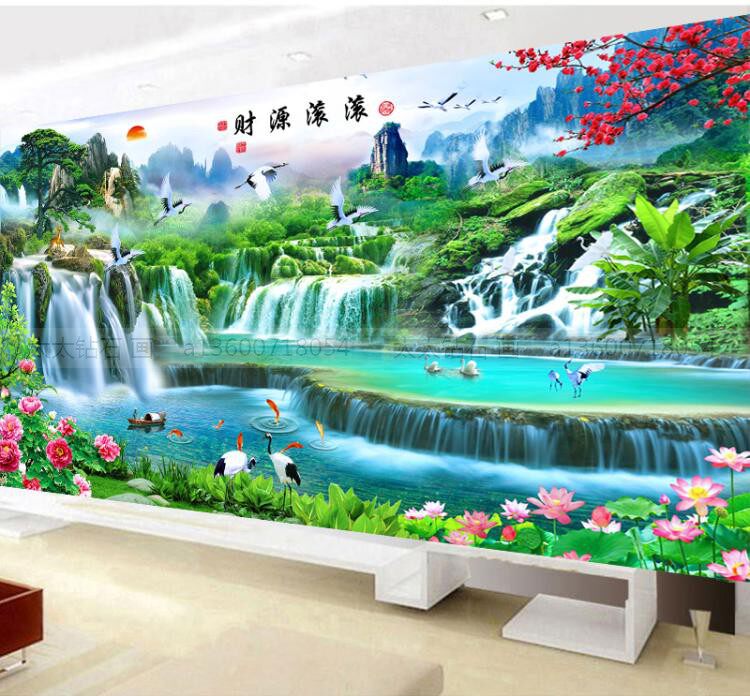 2018新款客厅方钻满贴钻石画点钻十字绣财源滚滚流水生财山水风景