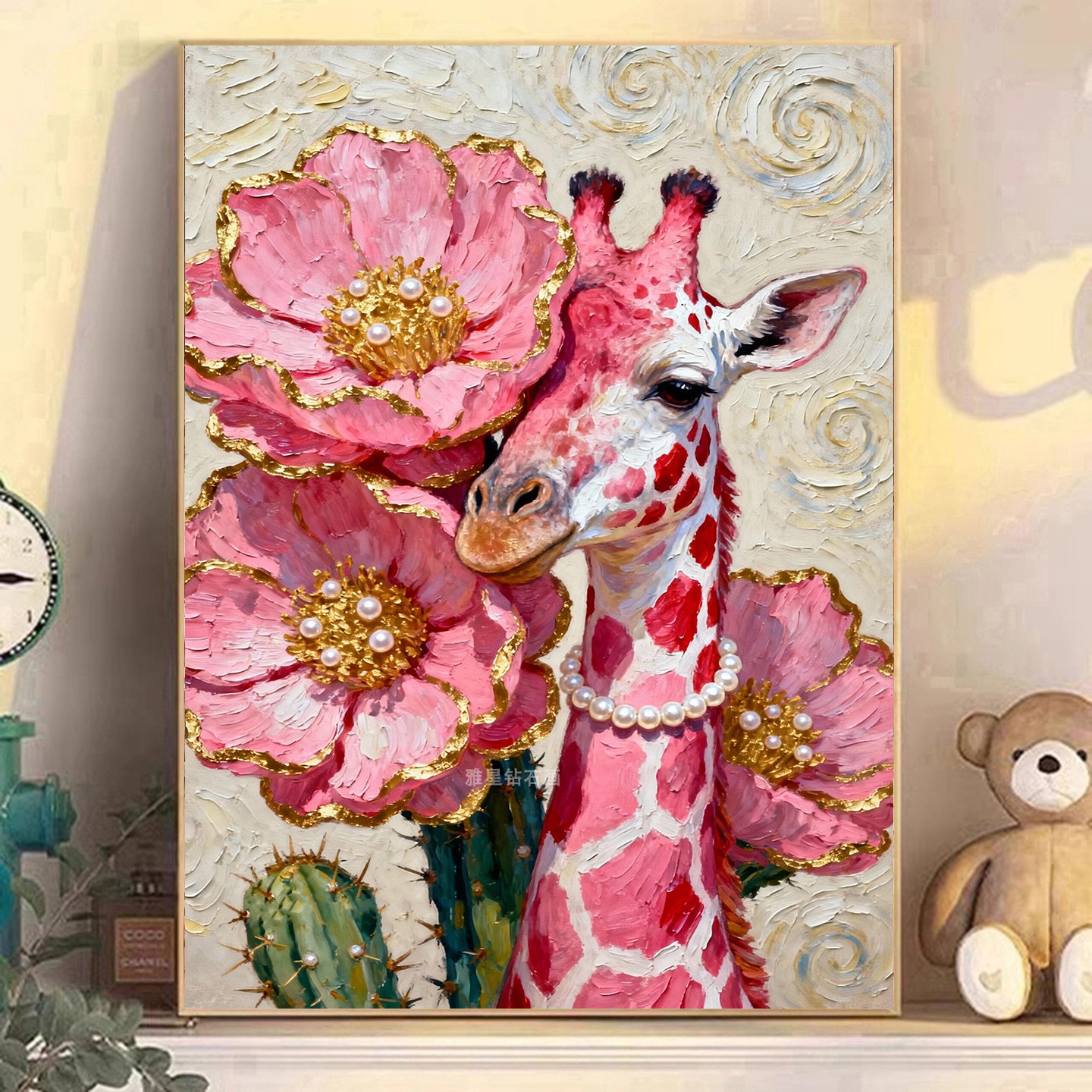 新款DIY树脂方钻满钻贴砖钻石画钻石绣带钻仙人掌粉色花朵长颈鹿