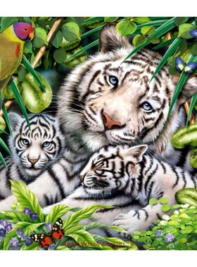 动物DIY方钻满钻钻石画白色老虎母子仨手工贴钻印花十字绣砖石画
