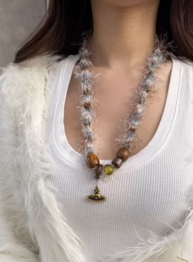 复古不对称串珠木质毛衣链百搭