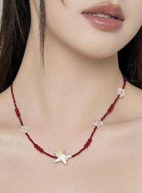 原创秋冬红色串珠锁骨链