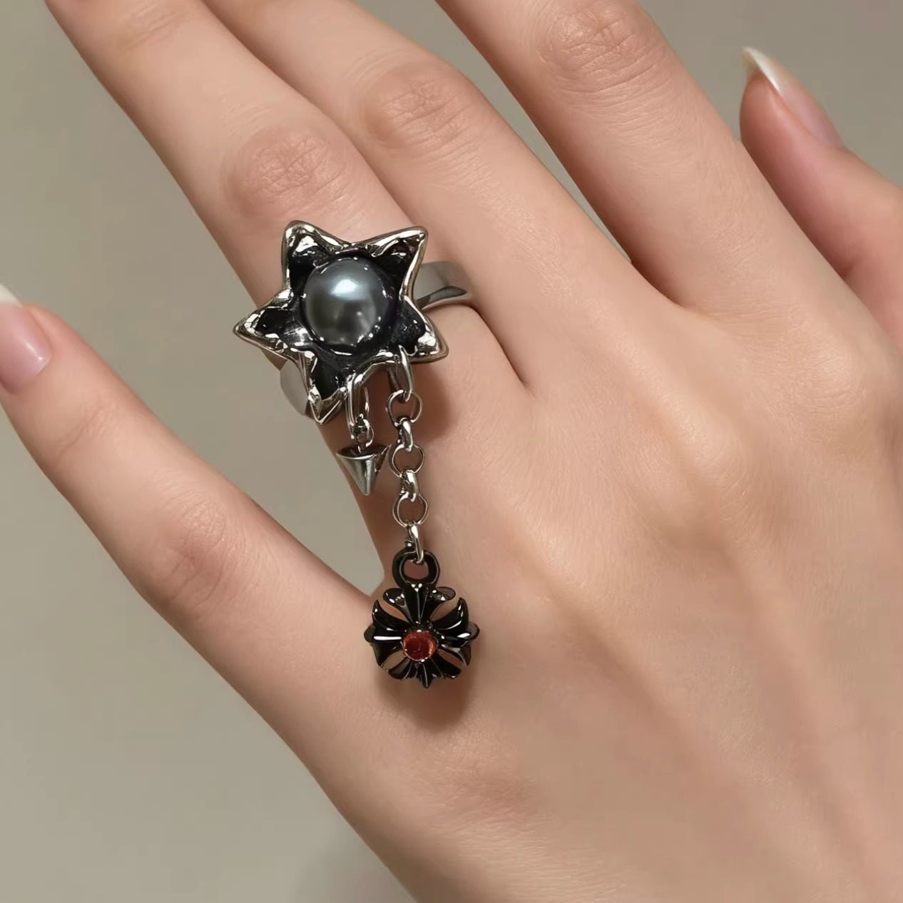 Starfire原创个性星星珍珠开口戒指女金属链条吊坠装饰设计感指环,饰品/流行首饰/时尚饰品新,戒指/指环,淘宝优惠券,粉丝福利购,淘宝优惠卷