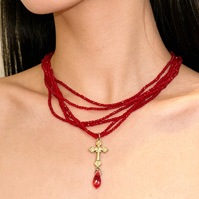 法式复古红水晶多层十字架锁骨链