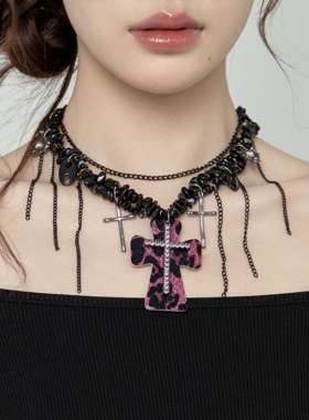 多层锁骨链十字架哥特风黑色豹纹