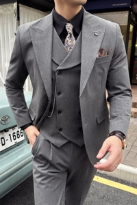 新款七色枪驳领高端西装 两粒扣西服三件套中灰A445-SJT9002-P260图片