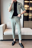 英伦休闲七分袖小西装男修身格子中袖西服两件套A445-TZ8515-P200，男装西服套装，电商A445