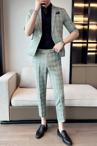 英伦休闲七分袖小西装男修身格子中袖西服两件套A445-TZ8515-P200图片