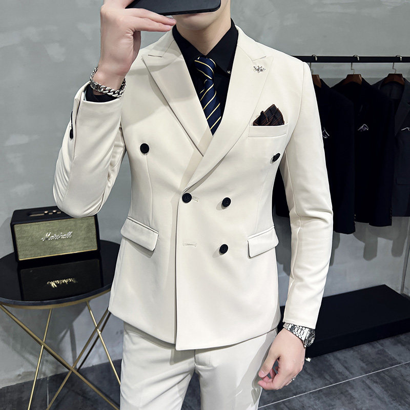 新款十个颜色双排扣小西装西服套装三件套墨绿色SJT10-P275,男装西服套装,电商A445
