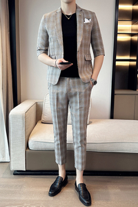 男士休闲七分袖小西装修身格子中袖西服两件套A445-TZ8515-P200图片