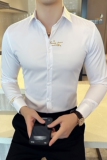 新款韩版修身长袖衬衫个性休闲绣花衬衣白色A445-CS8001-P35，男装衬衫，电商A445