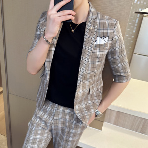 夏季休闲七分袖小西装男修身格子中袖西服两件套A445-TZ8515-P200