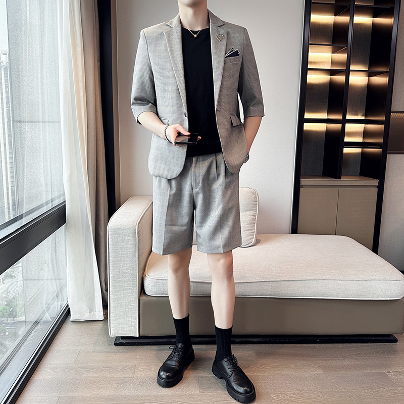 男士宽松中袖西装七分袖格子西服短裤两件套灰色A445-DT051-P200，男装西服套装，电商A445