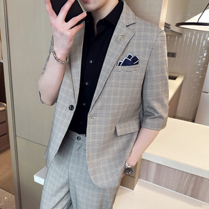 夏季男士宽松中袖西装 时尚七分袖格子西服两件套A445-TZ051-P200图片
