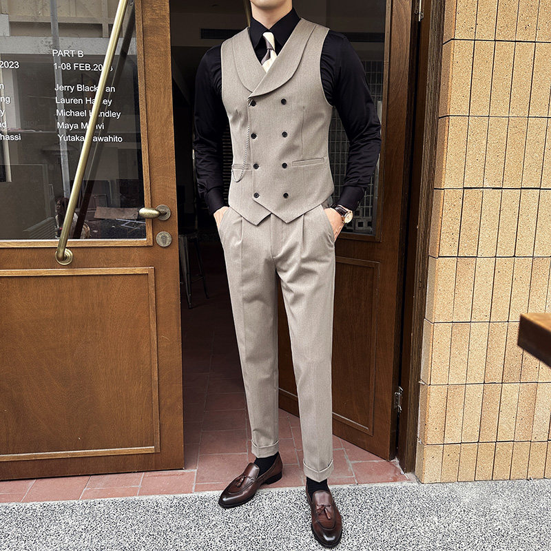 秋季新款马甲套高品质修身双排扣西装马甲浅咖A445--MJT9001-P130图片