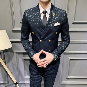 长期做不断货#韩版休闲双排扣小西装 提花西服套装三件套 SJT198图片