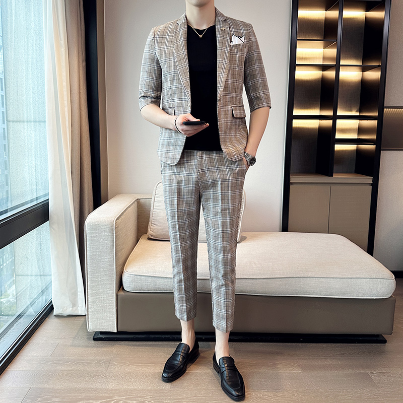 男士休闲七分袖小西装修身格子中袖西服两件套A445-TZ8515-P200，男装西服套装，电商A445