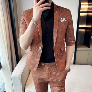 夏季男士七分袖小西装修身中袖西服九分裤两件套A445-TZ8516-P200图片