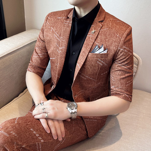 男士韩版修身七分袖小西装中袖西服九分裤两件套A445-TZ8516-P200图片