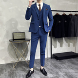 新款十色韩版修身小西装西服套装三件套全身图深蓝-SJT09-P275，男装西服套装，电商A445