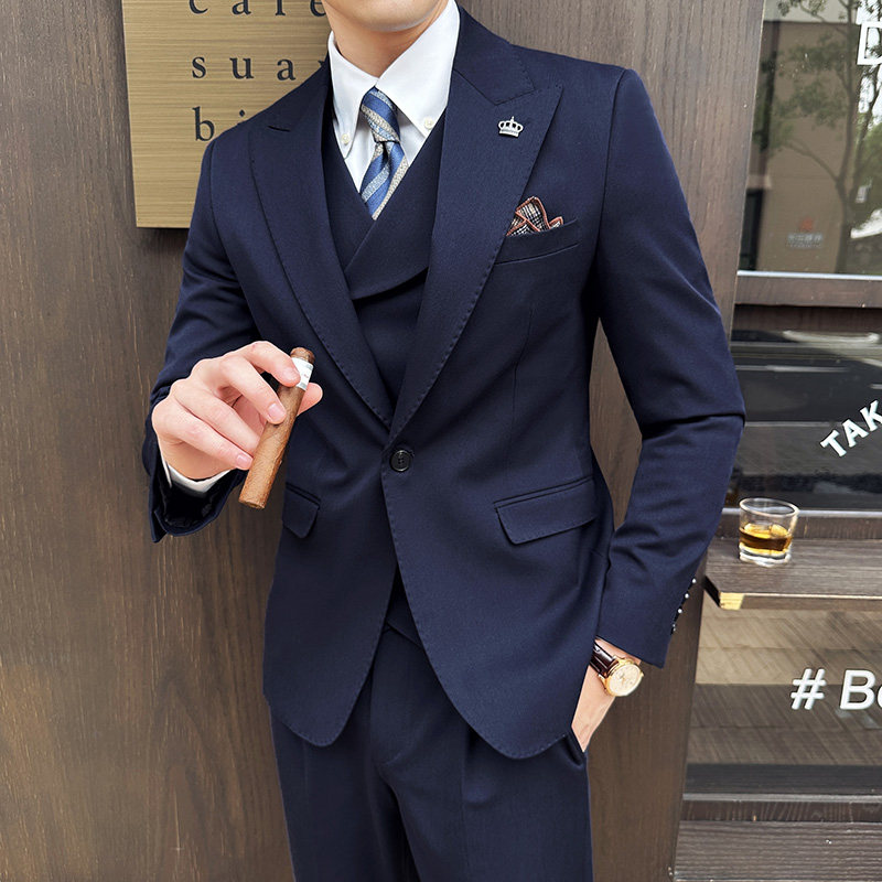 新款七色枪驳领高端西装一扣西服三件套藏青A445-SJT9001-P260，男装西服套装，电商A445