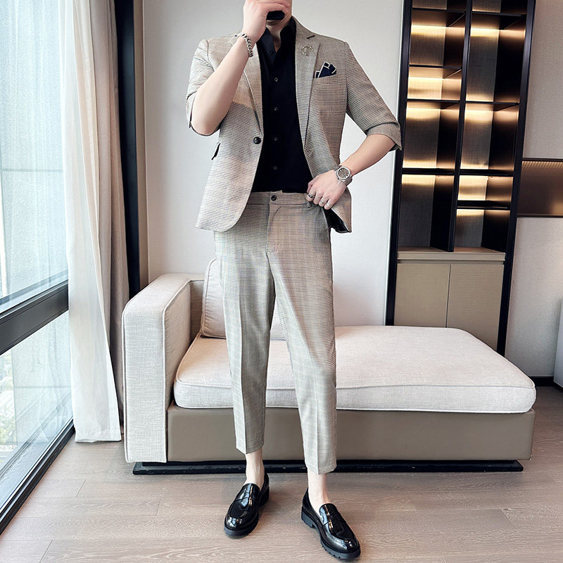夏季男士宽松中袖西装外套七分袖格子西服两件套A445-TZ051-P200，男装西服套装，电商A445