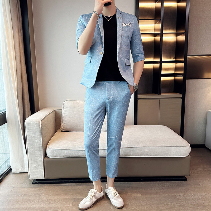 夏季七分袖小西装英伦修身中袖西服九分裤两件套A445-TZ8516-P200图片