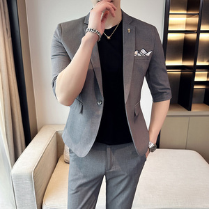 夏七分袖西服套装男修身中袖西装九分裤两件套 A445-TZ8511-P180图片 夏七分袖西服套装男修身中袖西装九分裤两件套 A445-TZ8511-P180图片