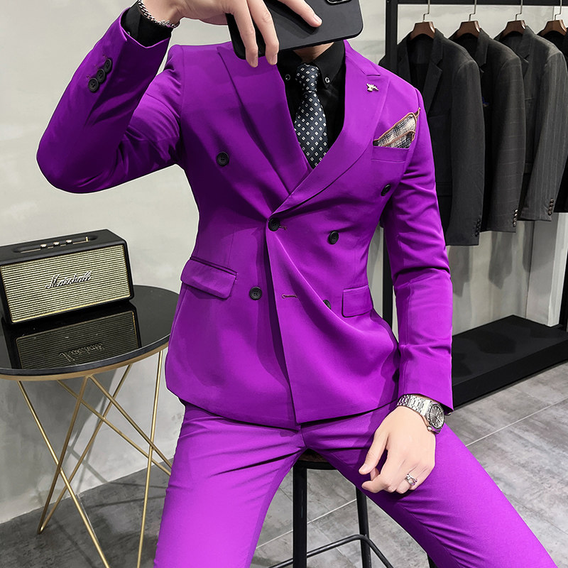 长期做不断货#韩版修身小西装男双排扣西服套装蓝色LJT100-P210,男装西服套装,电商A445