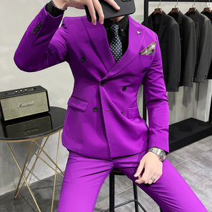 长期做不断货#韩版修身小西装 男双排扣西服套装 蓝色LJT100-P210图片